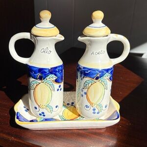 Dipinto Amono Sorrento Hand-Painted Ceramic Oil and Vinegar 3 pc Set with Lemons